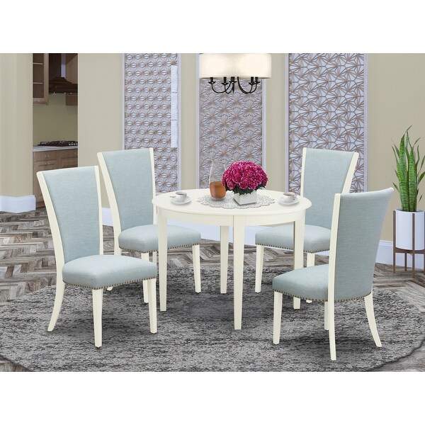 Dining Room Table Set Of 4 Kitchen Dining Chairs With Linen Fabric Color And A Round Dining Table Linen White Finish Overstock 33061290