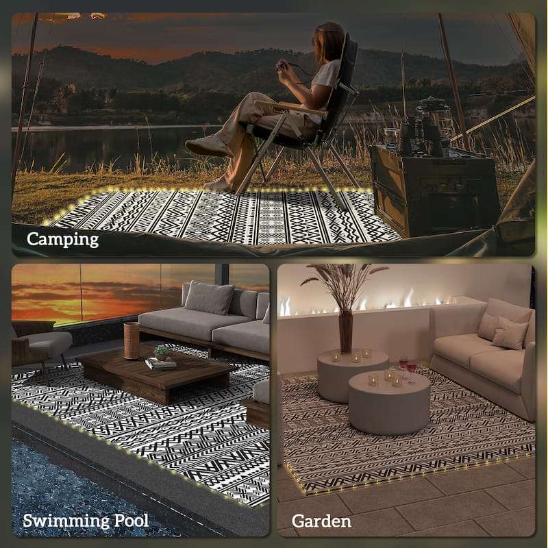 Outsunny Reversible Outdoor Rug Carpet with USB Lights, 12' x 9', Plastic Straw Rug, Patio Mat - 9' x 12'