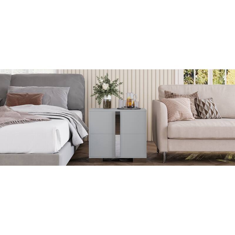 Modern End Table with Drawers, Elegant Nightstand with Metal Foot,Wood Bedside Table with Mirrored Metal Handles