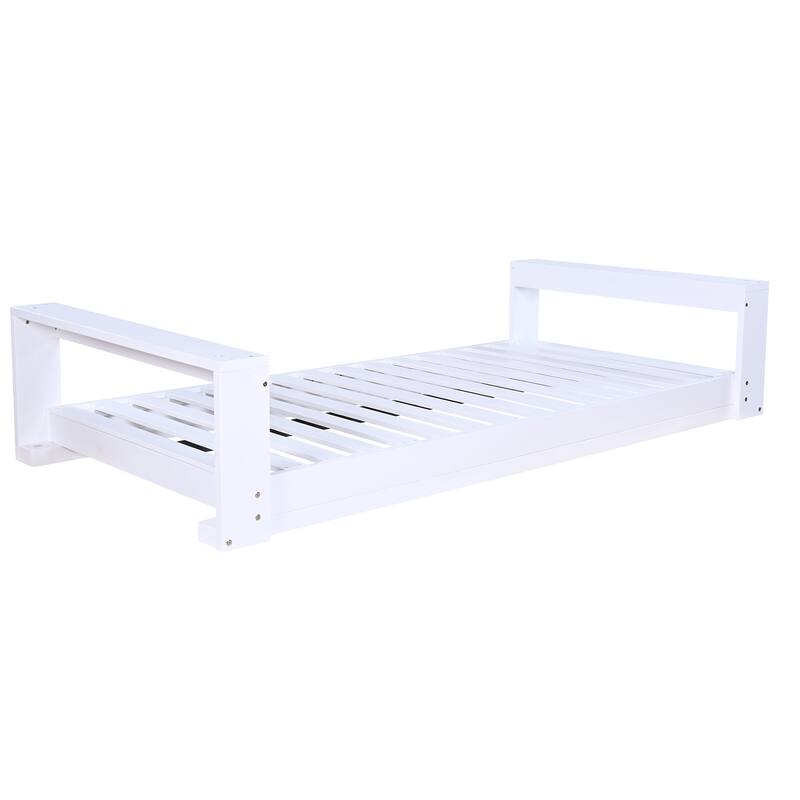 Twin Size Porch Swing Bed Seating Group, Patio Acacia Wood Swing Frame with Hemp Ropes for Garden, Backyard, White