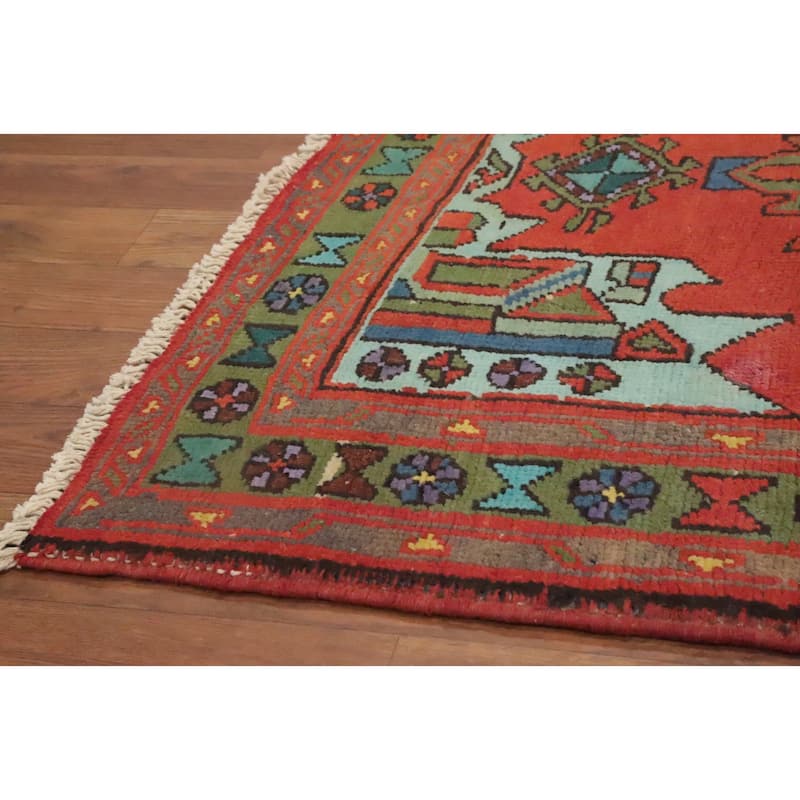Hand Knotted Oriental 100% Wool Carpet Traditional Geometric Oranges & Rust Heriz Runner Rug - 9' 10'' X 3' 1''