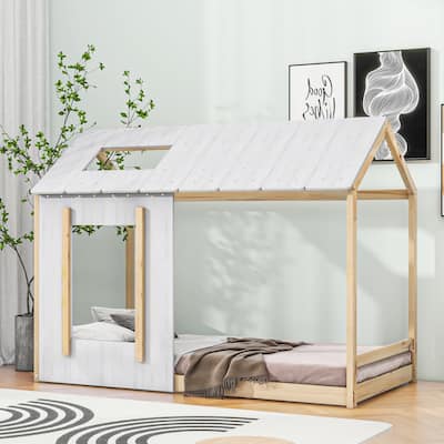 Twin Size House Platform Bed with Roof and Window, Pine Wood Frame for Children's Bedrooms, No Box Spring Needed