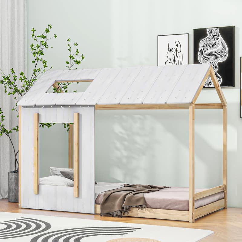 Twin Size House Solid Construction Platform with Roof and Window Design, Easy Assembly - Natural