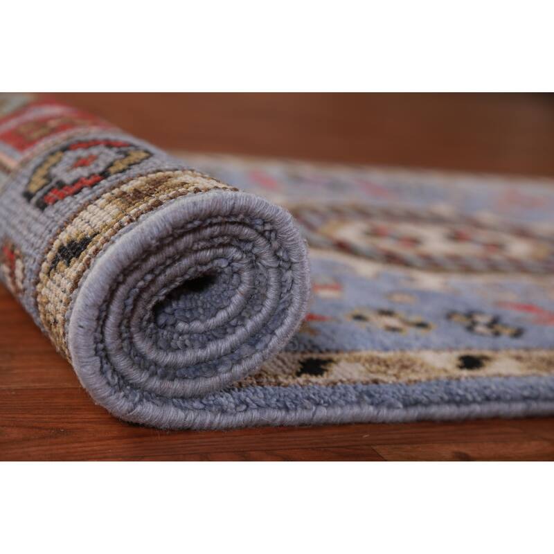 Hand Knotted Oriental 100% Wool Carpet Traditional Geometric Navy Blue & Blues Heriz (serapi) Runner Rug - 7' 6'' X 2' 7''