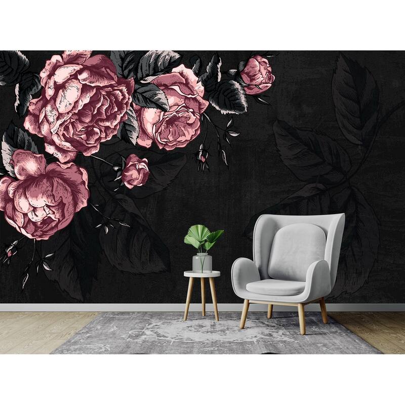 GK Wall Design Dark Flower Pink Peony Drawing Leaves Removable Wallpaper
