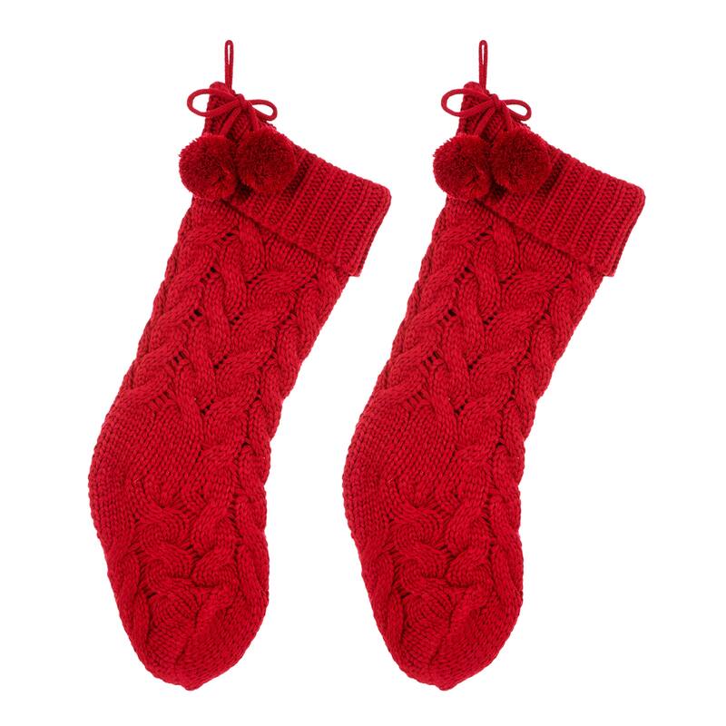 Glitzhome Set of 2 Knitted Christmas Stocking White or Red with Pom Pom Ball