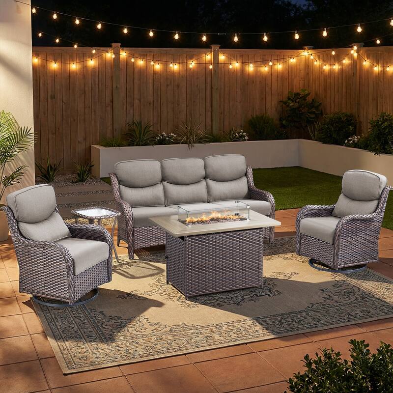 Pocassy Outdoor Fire Pit Sofa Swivel Chairs Conversation Set - Brown Wicker Gray Cushion - 5-Piece Sofa Swivel Chair Table w/ Fie Pit Table