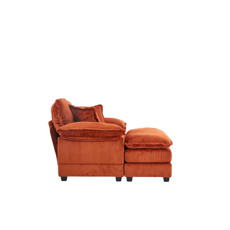 Orange 59.3" Corduroy Single Deep Seat Sofa with 2 Toss Pillows and Ottoman for Living Room