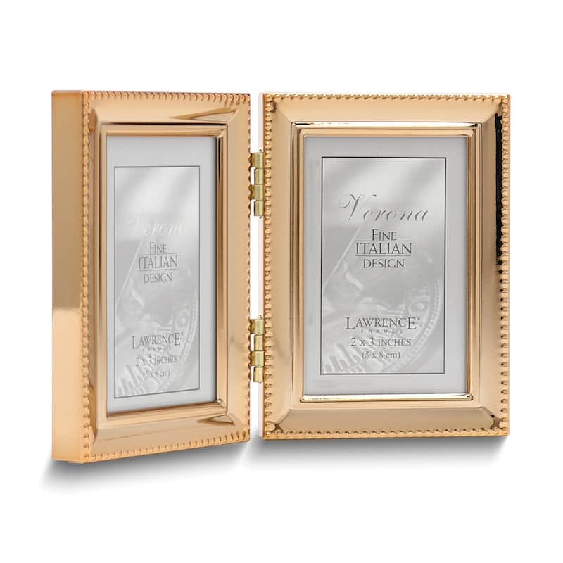 Curata Gold-Tone Portrait Hinged Polished Beaded 2x3 Double Photo Frame