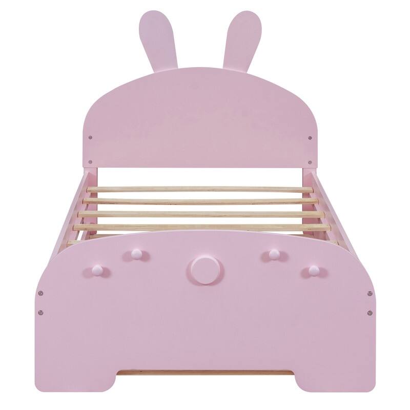 Wooden Bed with Twin Trundle, Twin Size Platform Bed with Cartoon Ears ...