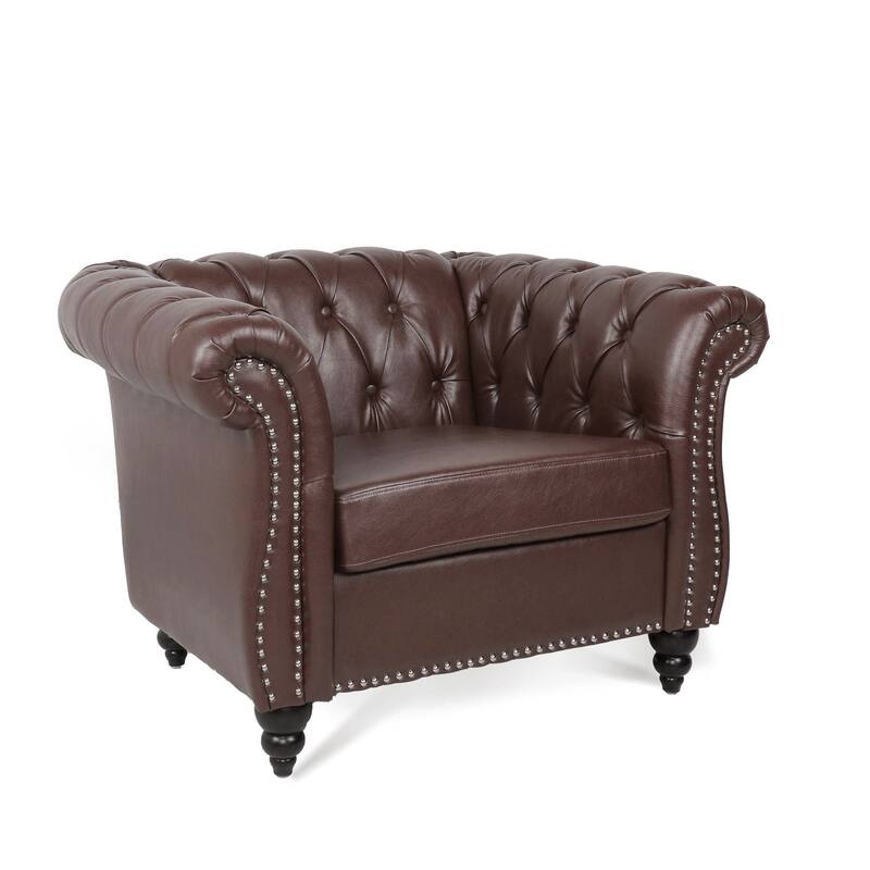 Faux Leather Single Sofa Chair Accent Chair, Mid-Century Modern Living Room Armchairs with with Rolled Arms & Nailhead Trim
