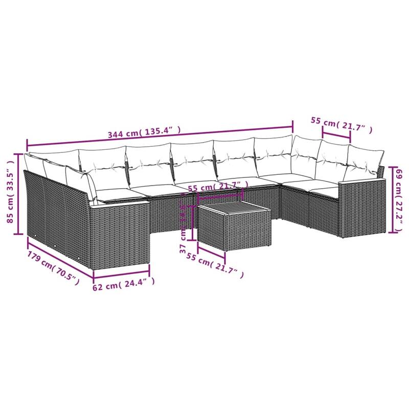 vidaXL 10/11 Piece Patio Sofa Set with Cushions Black/Gray Poly Rattan - 24.4 x 24.4 x 27.2