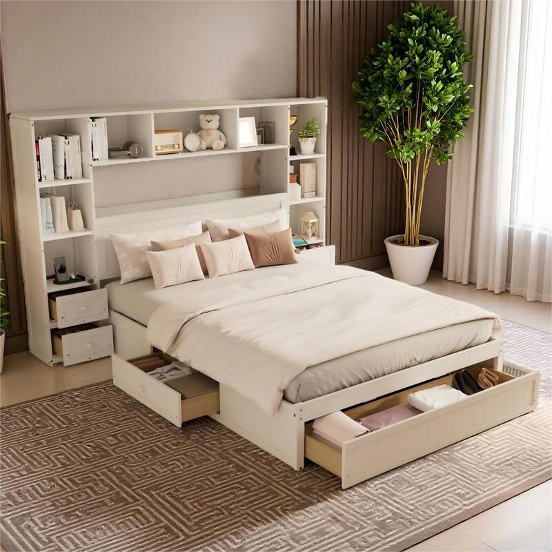Multi-Functional Pine Wood Platform Bed with Built-In Nightstands, Storage Shelves, and Charging Stations - Queen