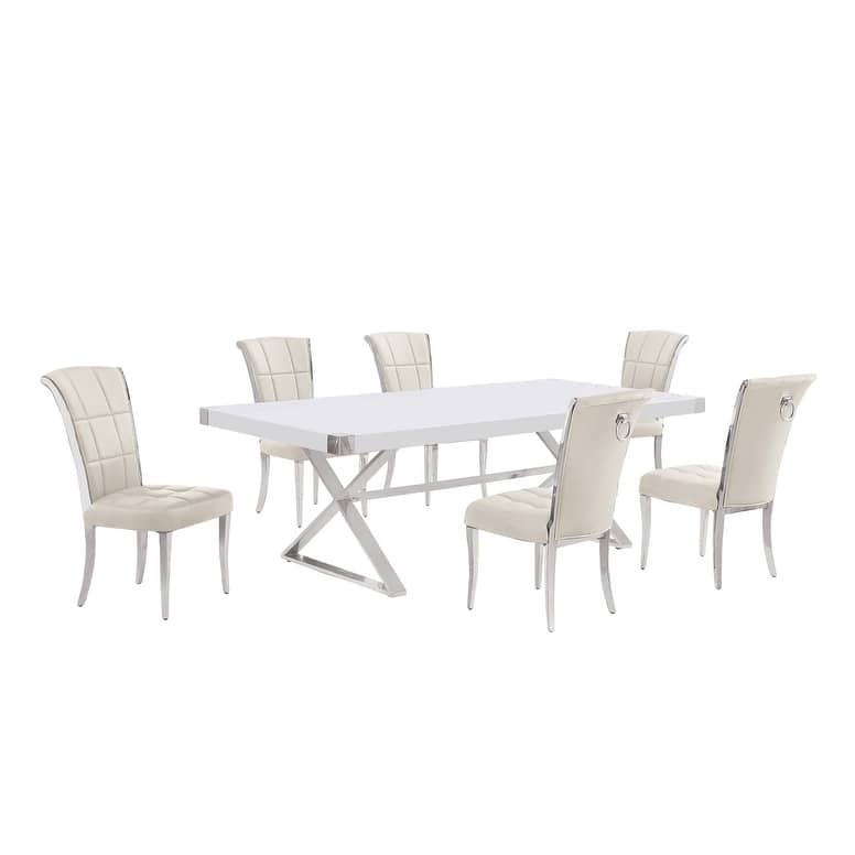 Best Quality Furniture D442/3-SC320-7 Dining Set with 94" White Lacquer Wood Top