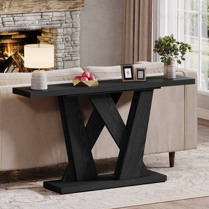 55'' Farmhouse Console Table, Wood Entryway Table with Geometric Base