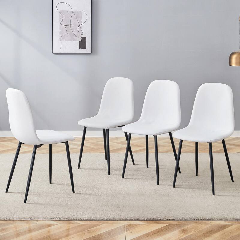 Luxury Simple Chair - Set of 4 WHITE Linen-Cotton Material High Resilience Dining Chair with Metal Black Leg