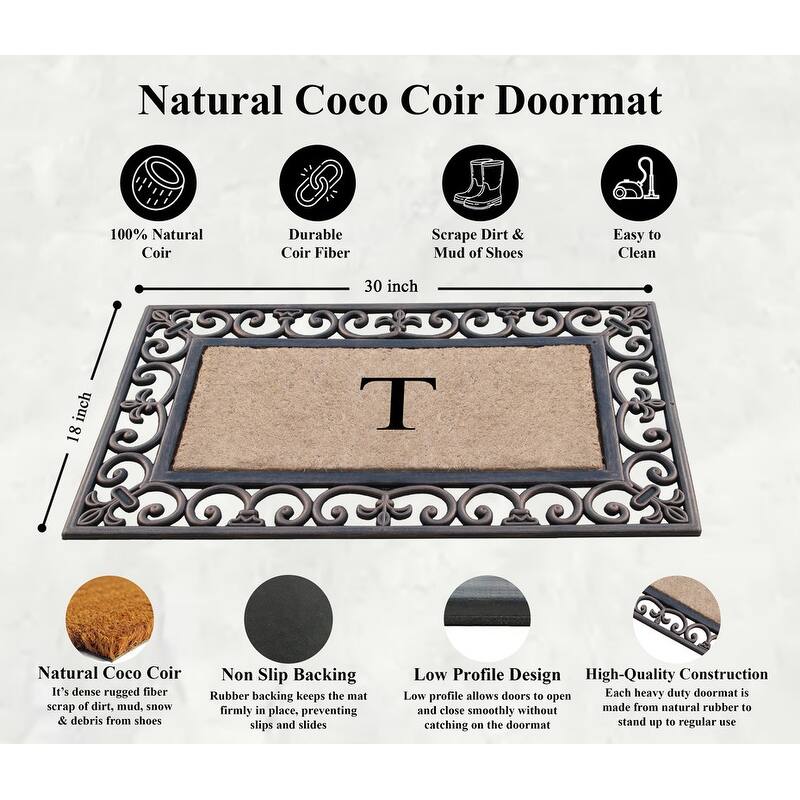 A1HC Natural Coir and Rubber Classic Paisley Border Bronze Monogrammed Doormat