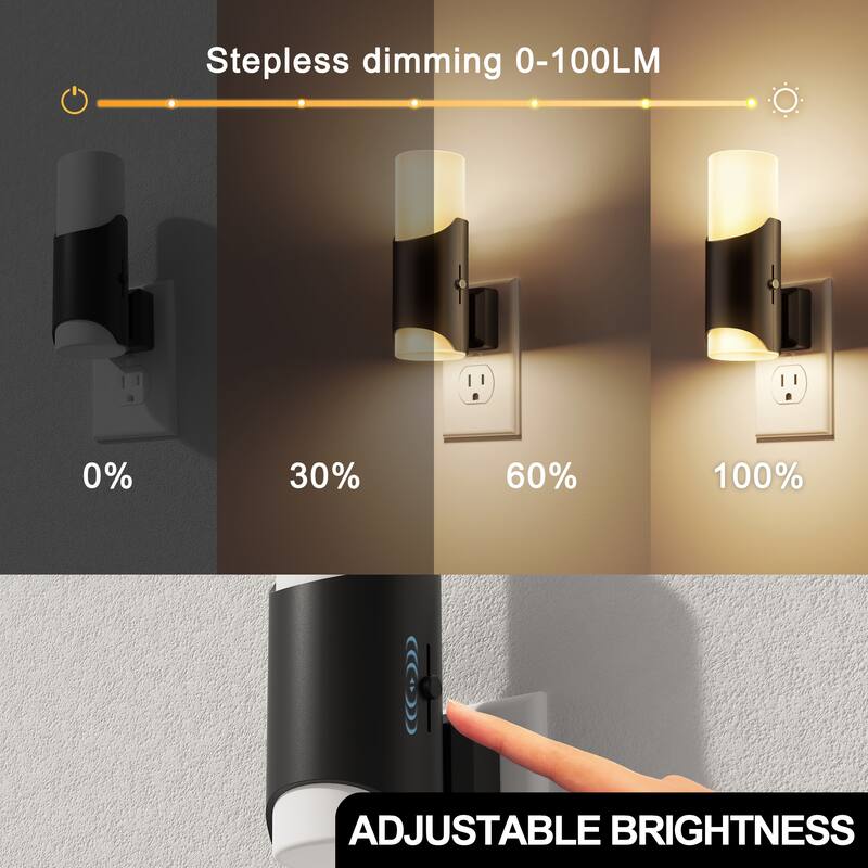 YANSUN Set of 2 Plug-in Dusk-to-Dawn Night Lights, Black Wall Lamp with Frosted Shades, 3000K Warm Light, Sliding Dimmer