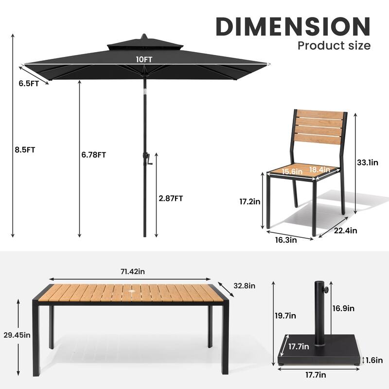 9/11-Piece Outdoor Dining Set w/10 ft Umbrella and Base Aluminum Dining Table and Stackable Chairs