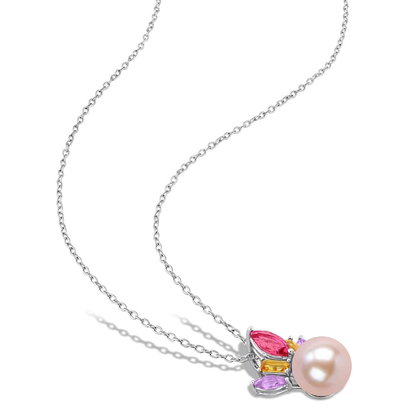 Miadora Sterling Silver Gemstone and Cultured Freshwater Pearl Necklace and Earrings Set