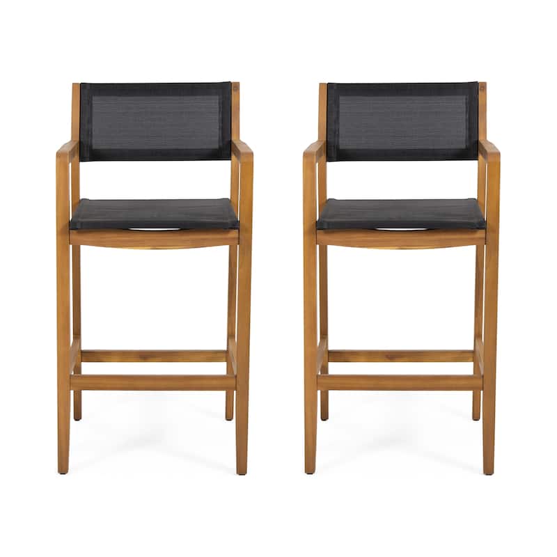 Fairfax Outdoor Acacia Wood Barstools with Outdoor Mesh (Set of 2) by Christopher Knight Home - Teak + Black
