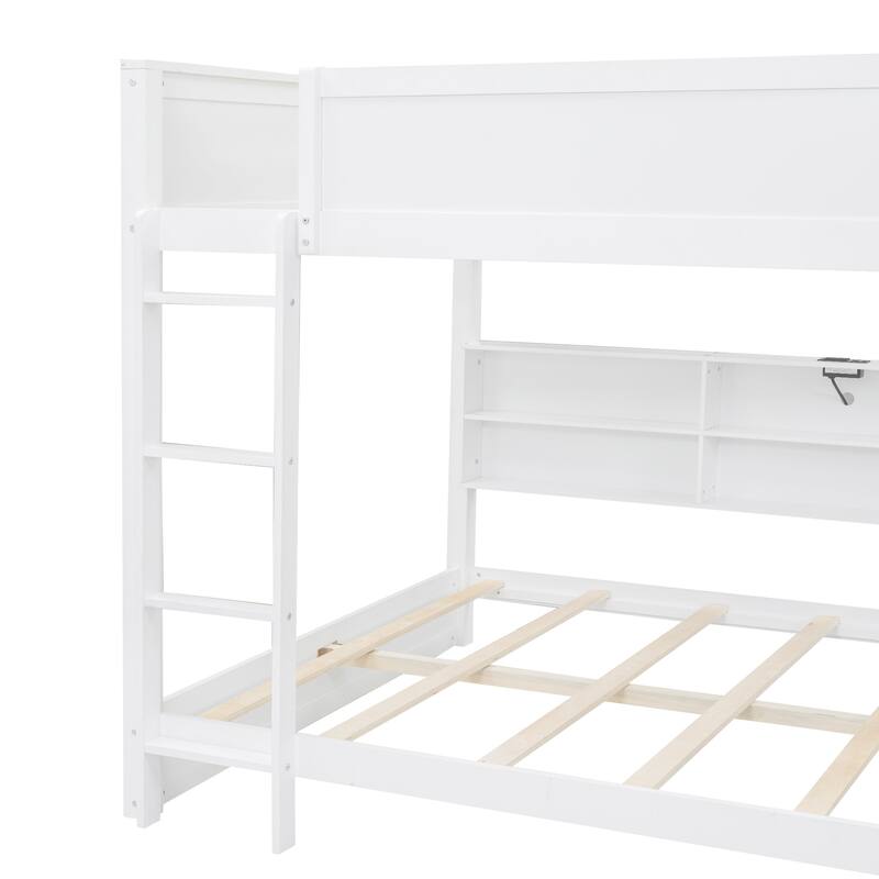 Queen Over Queen Bunk Bed with Storage Cabinets, Wooden Storage Bunk Bed Frame with Charging Station & Safety Guaranteed