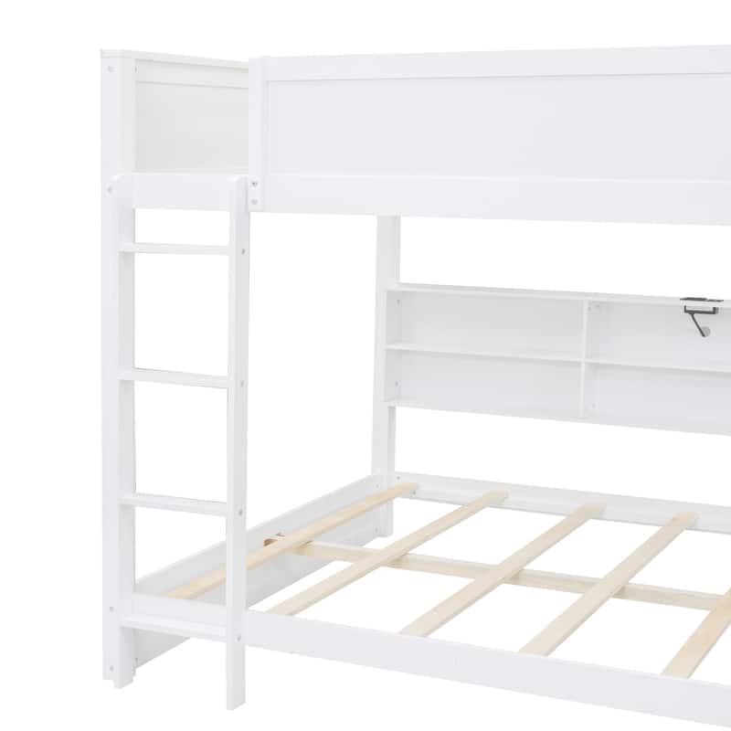 Queen over Queen Bunk Bed with Storage Cabinets and USB Ports, White