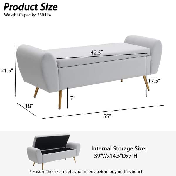 dimension image slide 6 of 20, Upholstered 55"W Flip Top Storage Bench Bedroom Bench Modern End of Bed Bench for Entryway Hallway Window with Gold Legs
