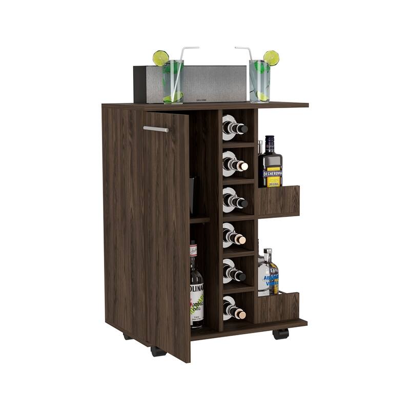 Bar Cart, Four Casters, Six Wine Cubbies, Single Door Cabinet