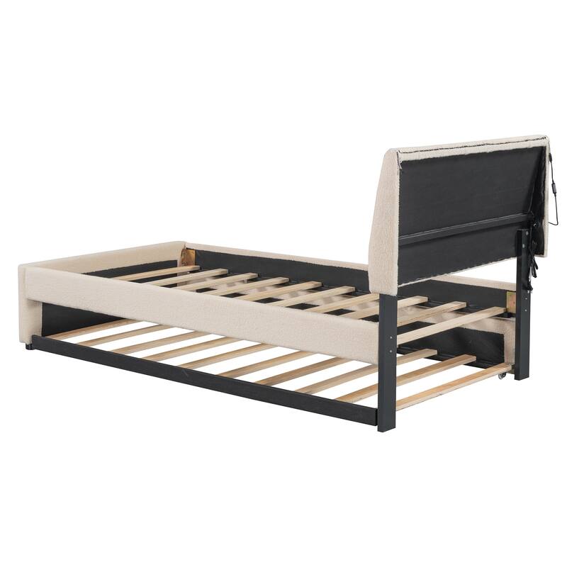 Beige Twin Teddy Fleece Platform Bed with Trundle, USB Ports, and LED Light