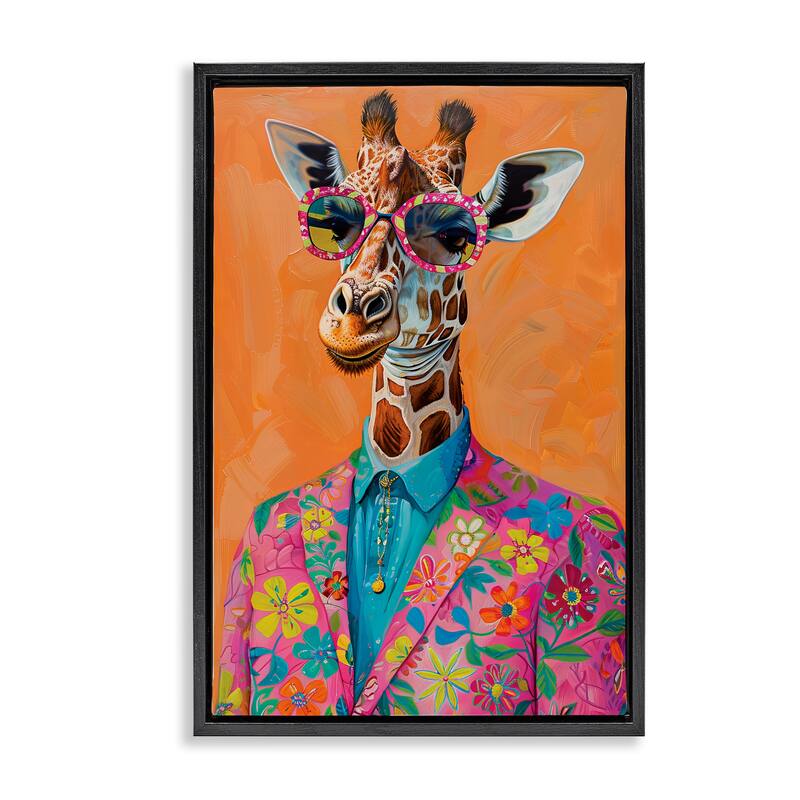 Stupell Bright & Trendy Giraffe in Suit Framed Floater Canvas Wall Art Design By LSR Design Studio - 21 x 31 - Black
