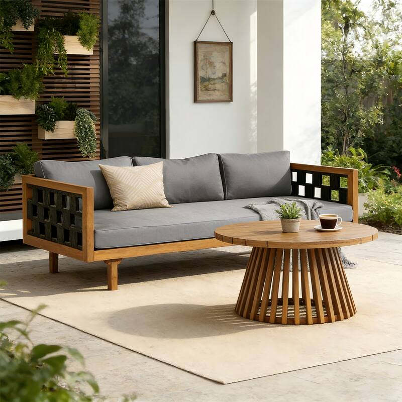 Christopher Knight Home - Claremont Outdoor Acacia Wood Three-Seater Daybed and Round Coffee Table Set