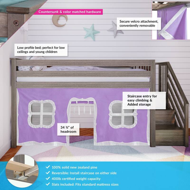 Max and Lily Twin Low Loft with Stairs and Curtains