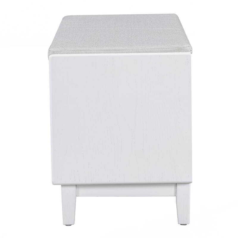 Rattan Entryway Bench with Storage, Cushioned Shoe Bench with Double Doors - White