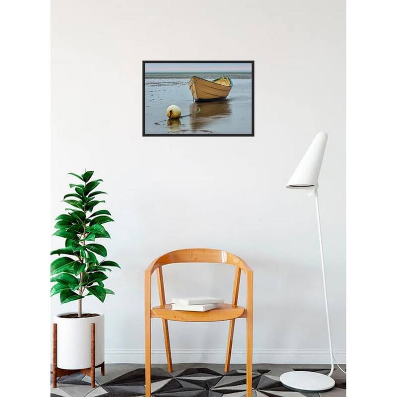 Yellow Dory Boat Waiting for High Tide Photography by Wayne Collamore Framed Poster - 12 x 18 Inch