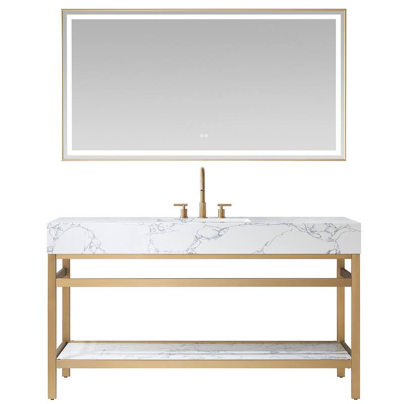 Ecija Bath Vanity, Metal Support with Composite Stone Top and Mirror - 60 in. - Brushed Gold - Single Sink