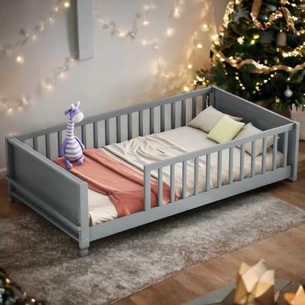 slide 2 of 60, Sturdy Structure Floor Twin size Platform Bed with Built-in Book Storage Rack,Kids and Baby Grey