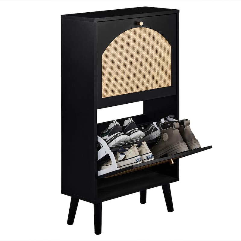 Black Flip Down Shoe Cabinet with Rattan Style Fronts Elevated Legs and Space Saving Storage for Home Entryway