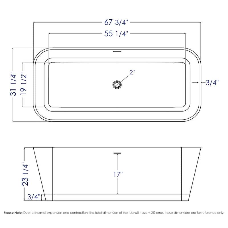 ALFI brand 67" Black & White Matte Rectangular Solid Surface Resin Soaking Bathtub