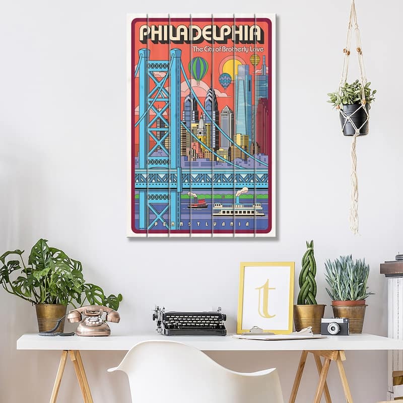 Philadelphia Pop Art Travel Poster Print On Wood by Jim Zahniser - Multi-Color