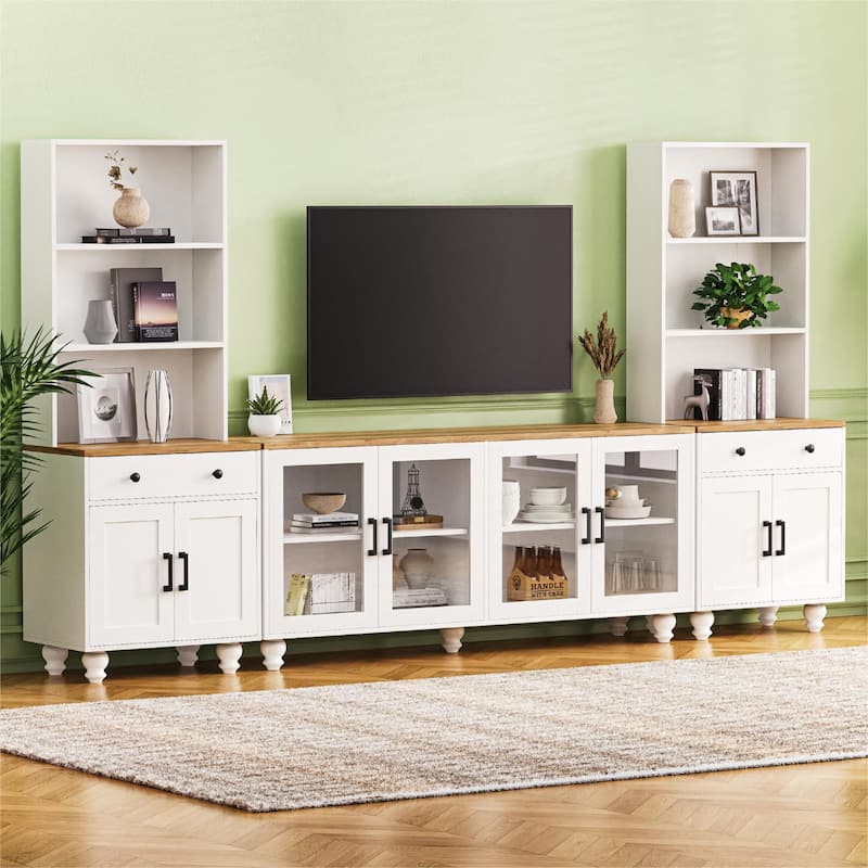 Farmhouse TV Stand with Solid Wood Legs for TVs Up to 70", Large Media Console Table with Bookshelves & Glass Doors - White