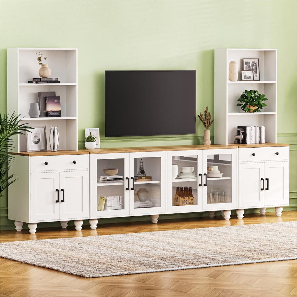 White+Walnut Farmhouse TV Entertainment Center with Bookshelves & Tempered Glass Doors for TVs Up to 70"
