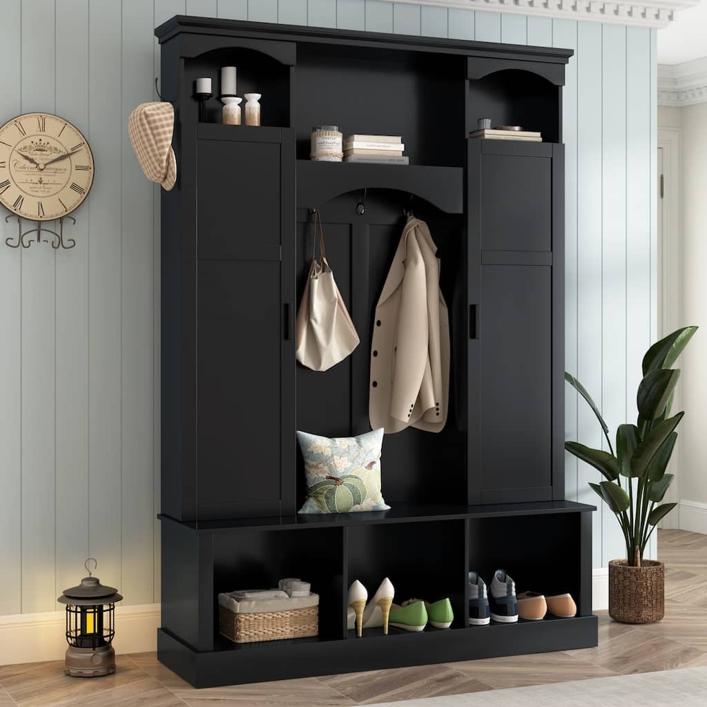 Roomfitters Large Entryway Hall Tree with 7 Coat Hooks, Storage Bench and Closed Cabinets for Mudroom Organization