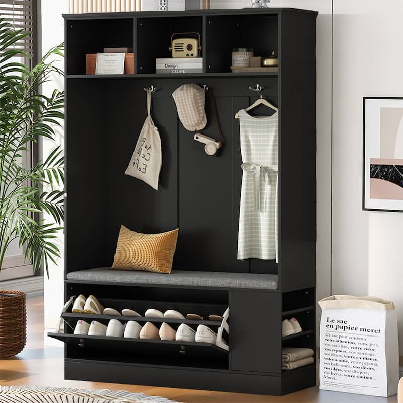 Entryway Hall Tree with Flip Shoe Storage Cabinet with Storage Bench ...