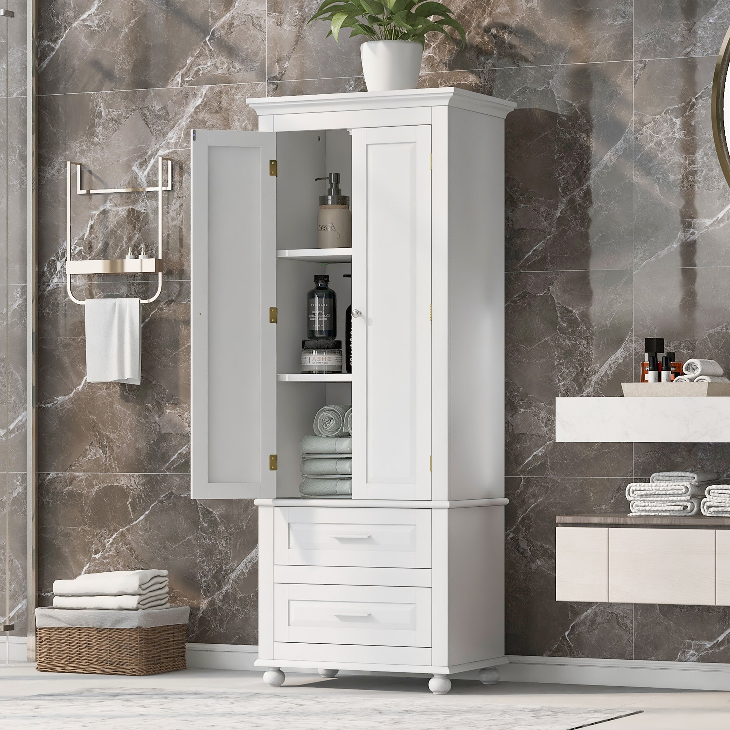 Tall Storage Cabinet with Drawers and Adjustable Shelves for Bathroom or Office