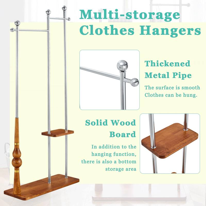 70"Coat Rack, Solid Wood & Silver Stainless Steel Clothing Rack, Double Layer Hanger for Coats, Hats, Bags, Shoes (34.6" Wide)