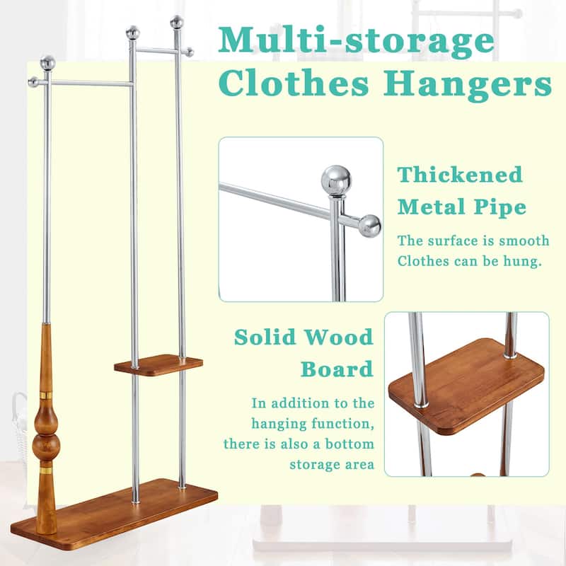 Roomfitters Double-Layer Coat Rack with Antique Wood Veneer and Metal Stand, 70"H x 34.6"W, Multi-Functional Storage