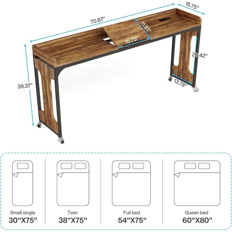 35.4"-43.3" Adjustable Overbed Table, 70.8" Queen Size Laptop Desk with Wheels, Outlets, USB, Rustic Brown