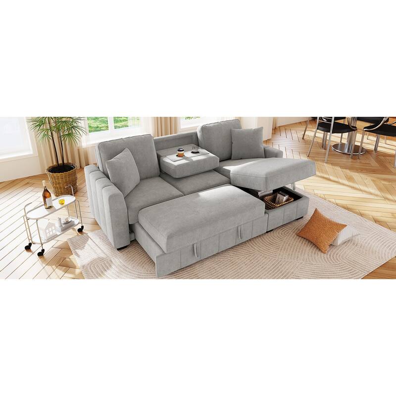 Roomfitters 90" L-Shaped Sectional Sleeper Sofa with Storage Chaise and Pull Out Bed, Fold Down Cup Holder Table