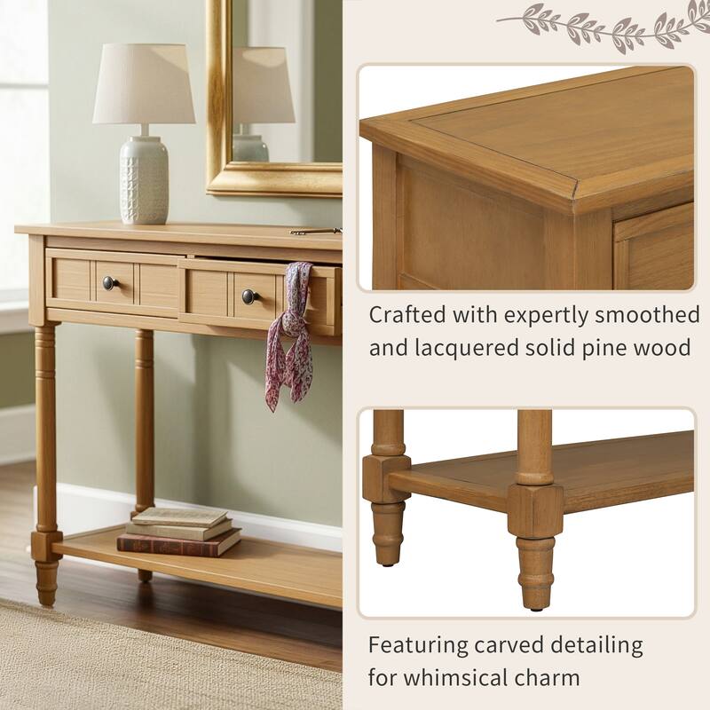 Solid Wood Console Table Sofa Table with 2 Drawers and Bottom Storage Shelf for Entryway Hallway